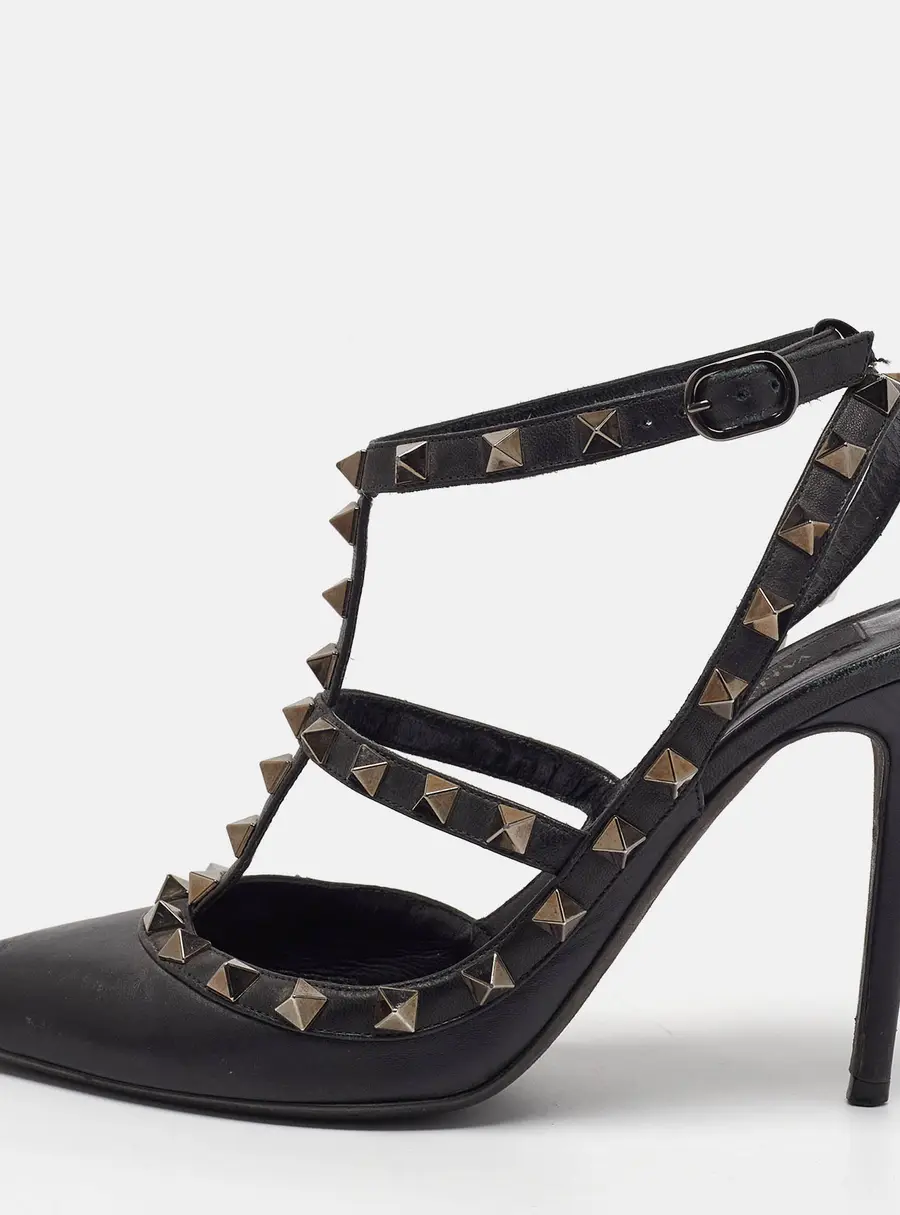 Valentino Rockstud Size 36.5 Black Leather Ankle Strap Pumps