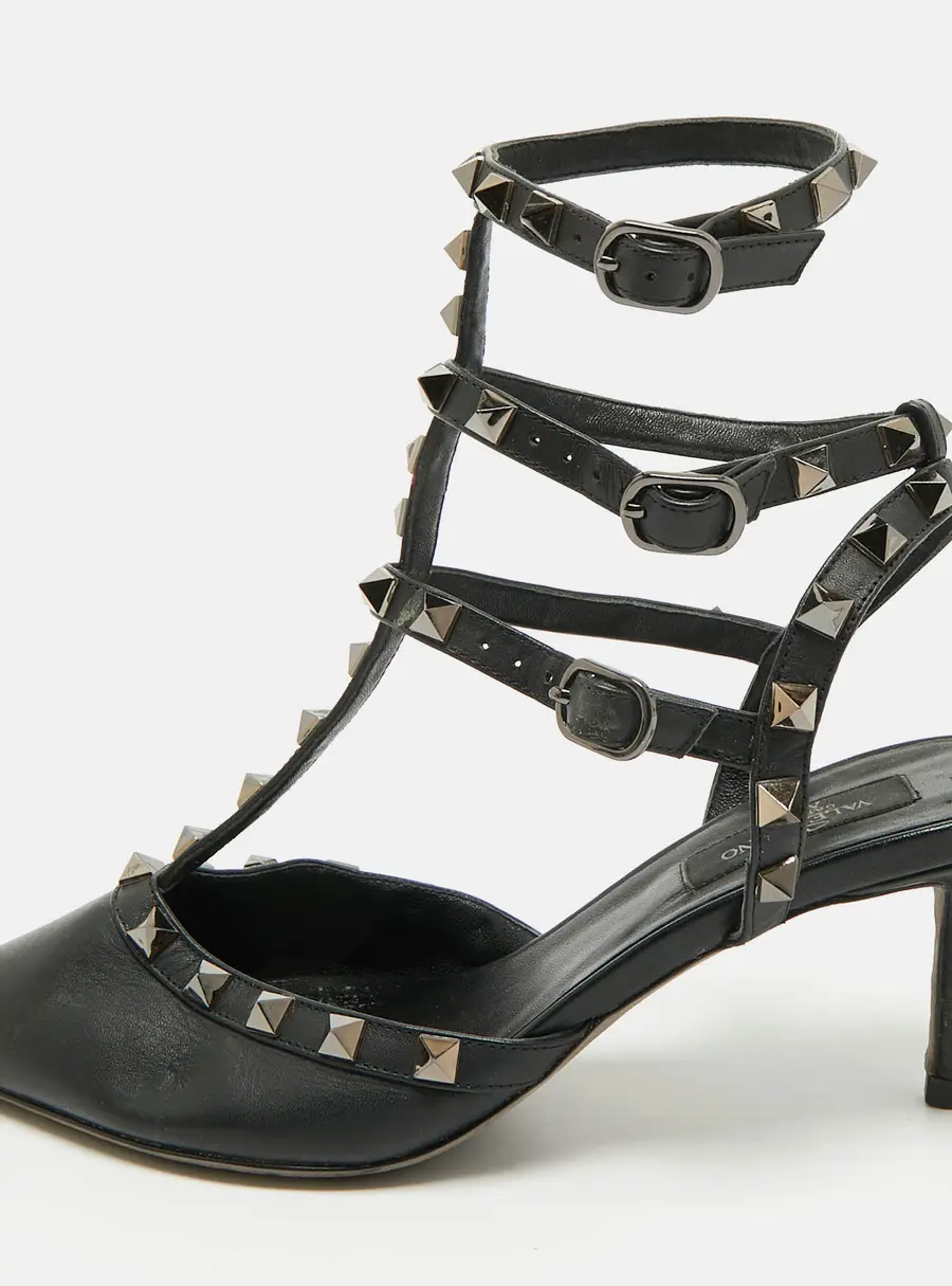 Valentino Rockstud Size 39 Black Leather Caged Ankle Strap Pumps