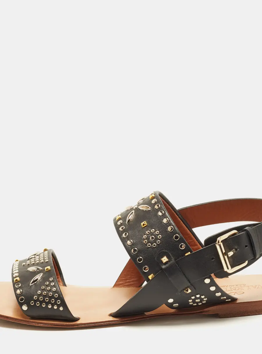 Valentino Rockstud Size 40 Black Leather Studded Slingback Flat Sandals