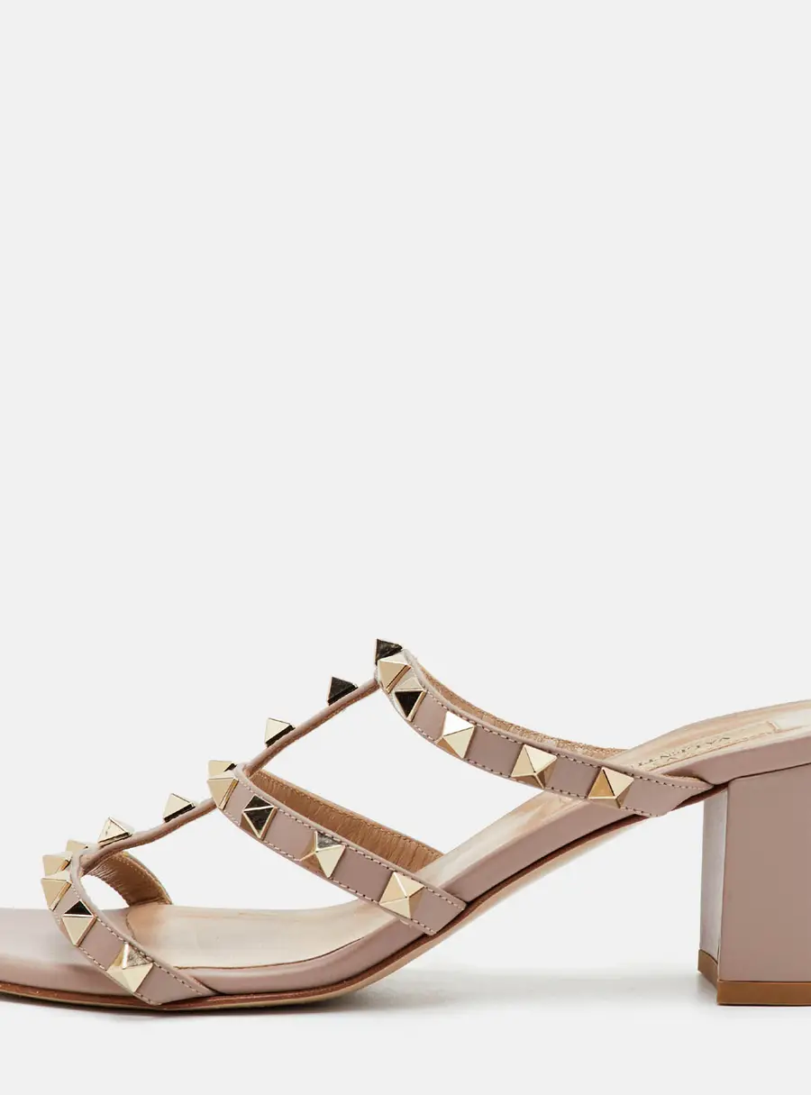 Valentino Rockstud Size 37 Beige Leather Block Heel Slide Sandals