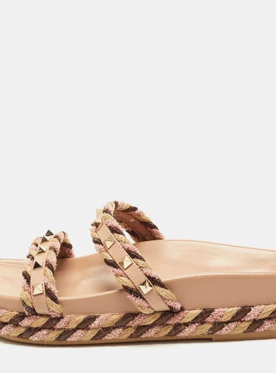 Valentino Rockstud Torchon Size 40 Beige Fabric and Leather Slide Sandals