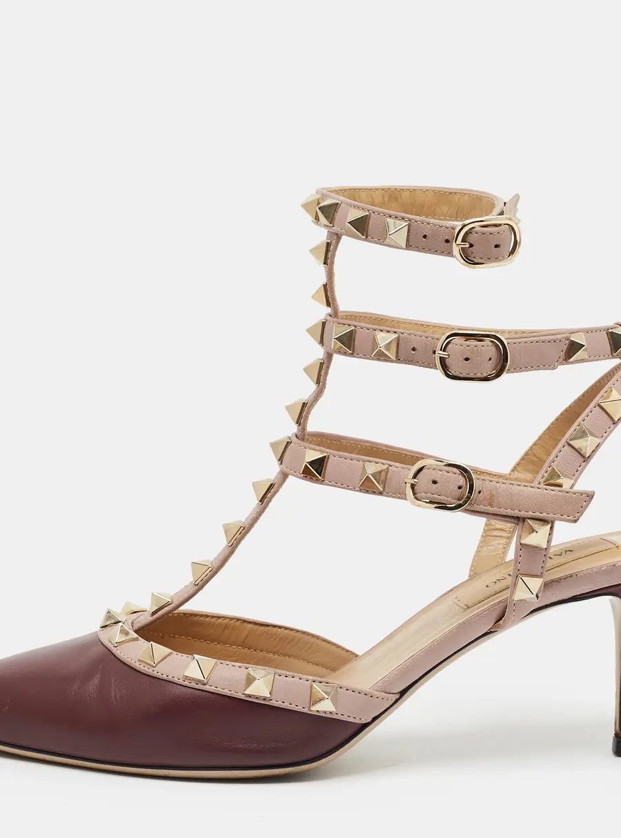 Valentino Rockstud Size 37 Burgundy/Pink Leather Ankle Strap Pumps
