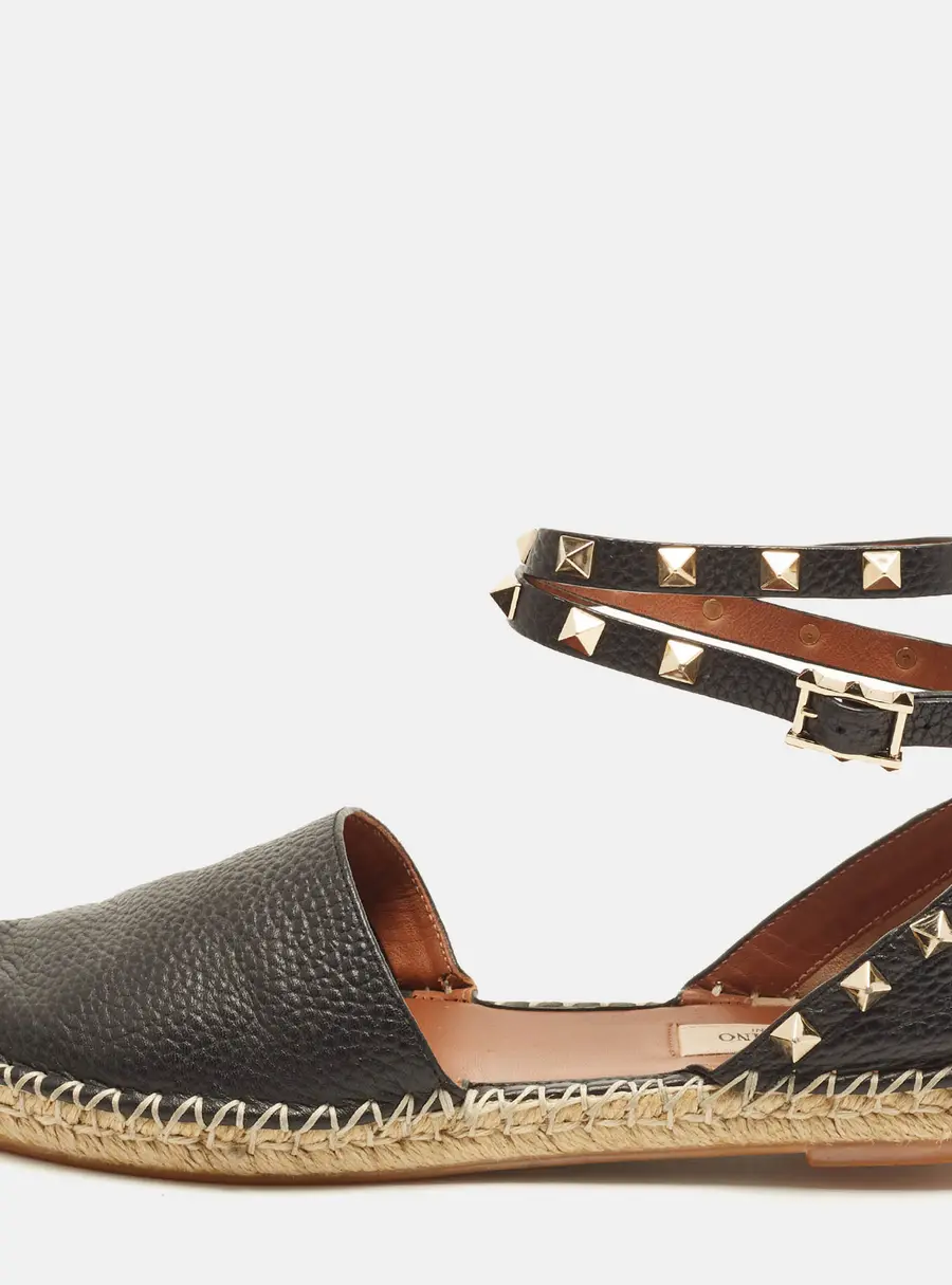 Valentino Rockstud Size 38 Black Leather Espadrille Flats