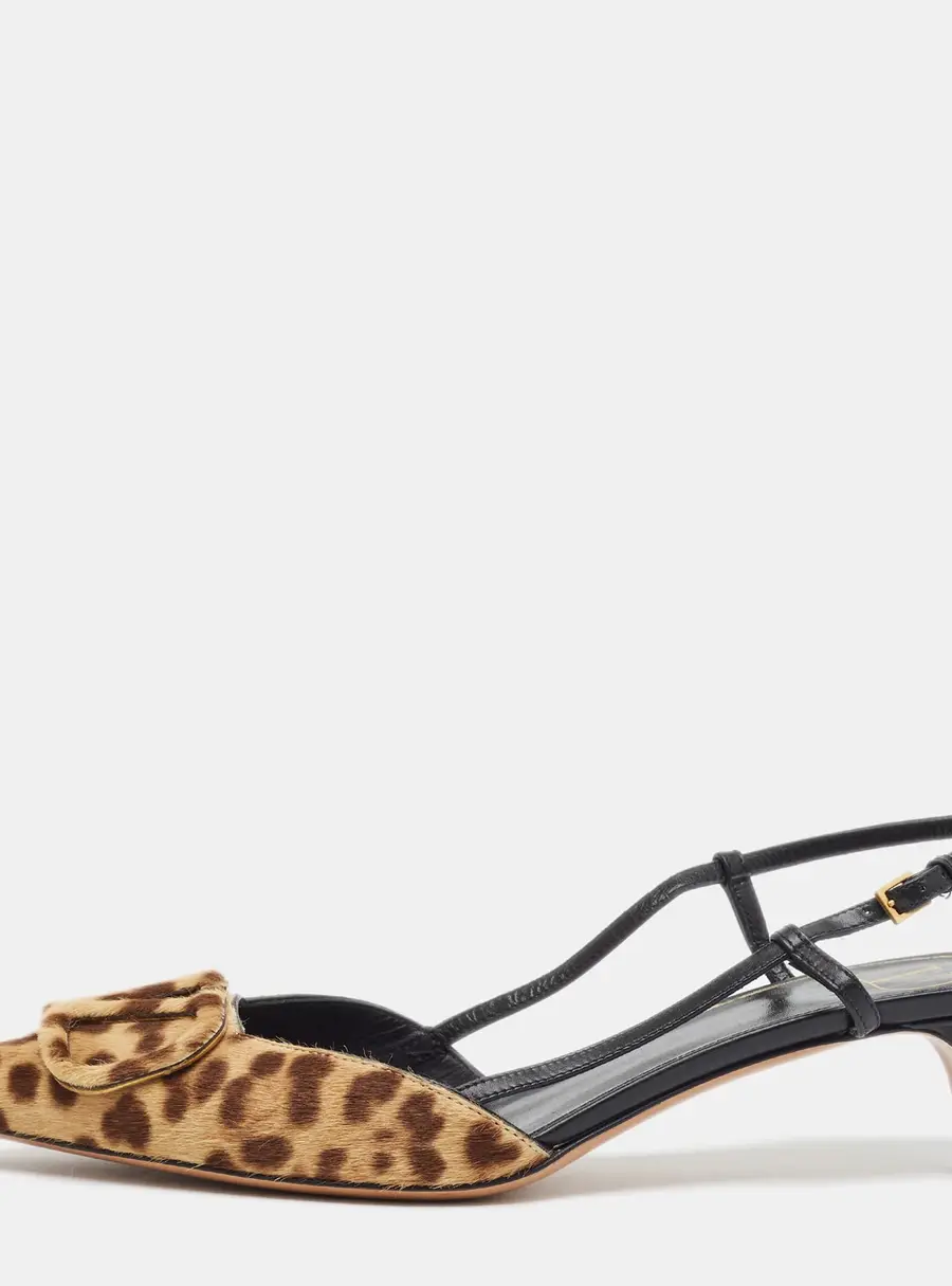 Valentino VLogo Size 38 Brown Calf Hair and Leather Slingback Sandals