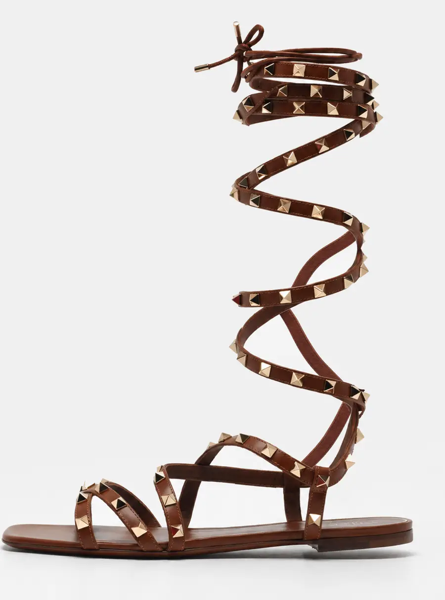 Valentino Rockstud Size 41 Brown Leather Gladiator Flat Sandals