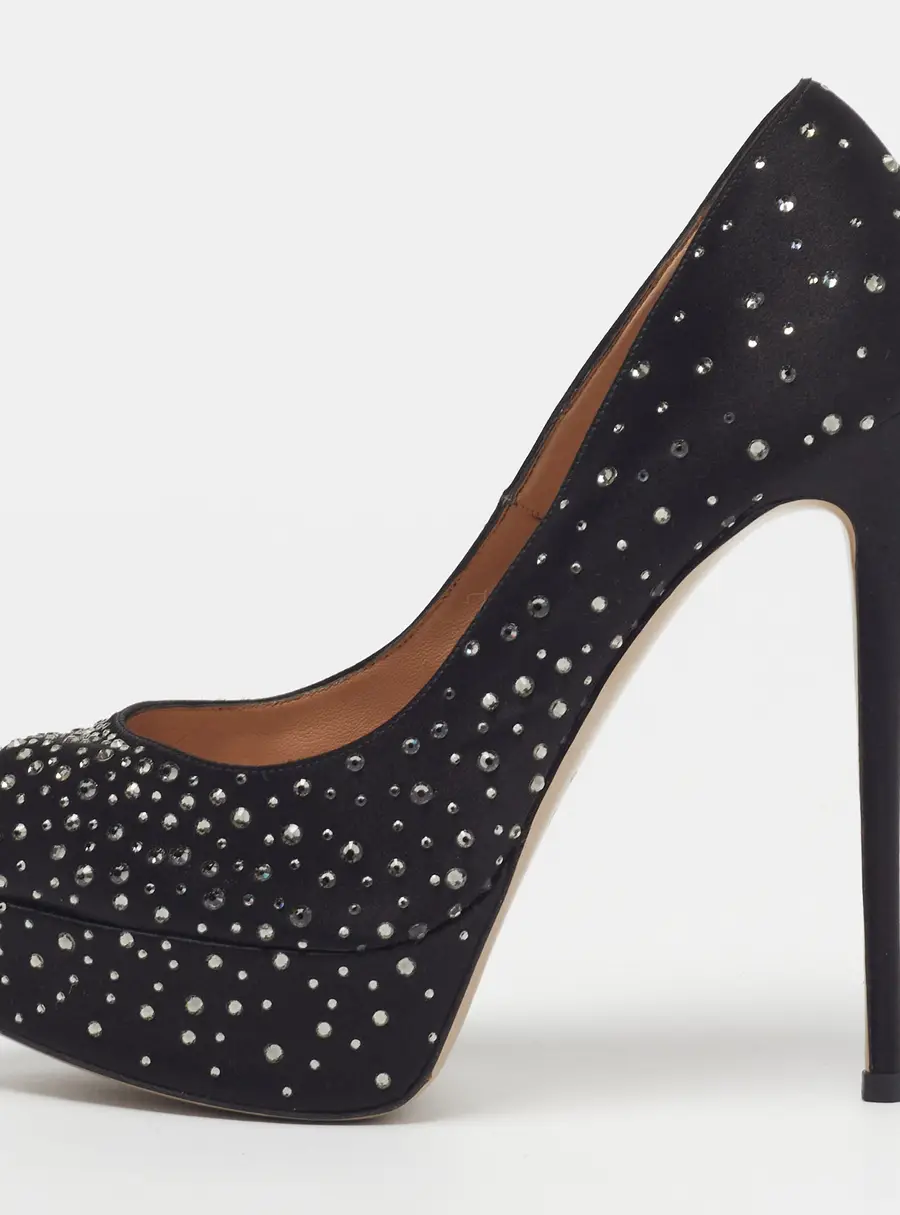 Valentino Rockstud Size 38 Black Satin Crystal Embellished Peep Toe Platform Pumps