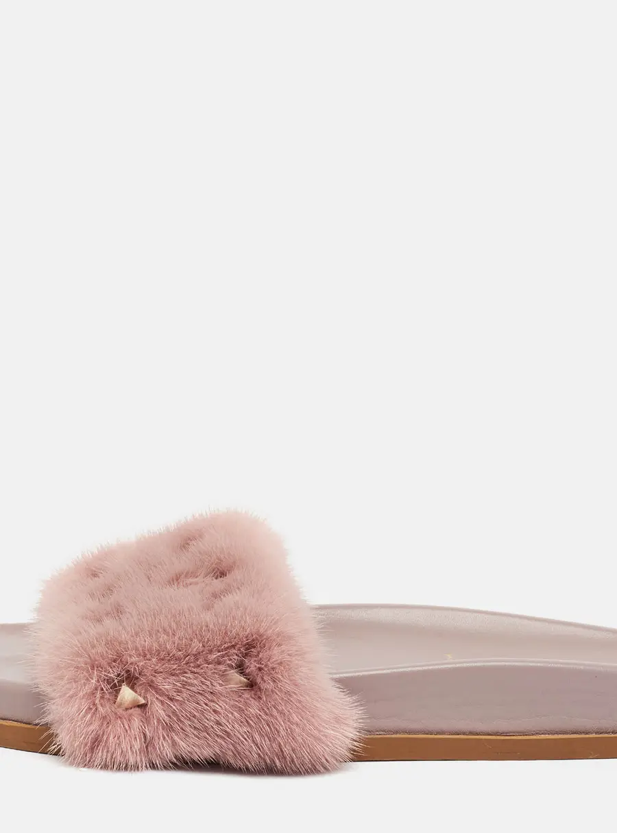 Valentino Garavani Rockstud Size 38 Pink Leather and Mink Fur Flat Slide