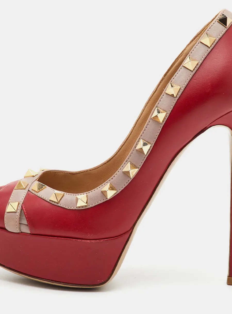Valentino Rockstud Size 36.5 Red/Beige Leather Peep Toe Platform Pumps