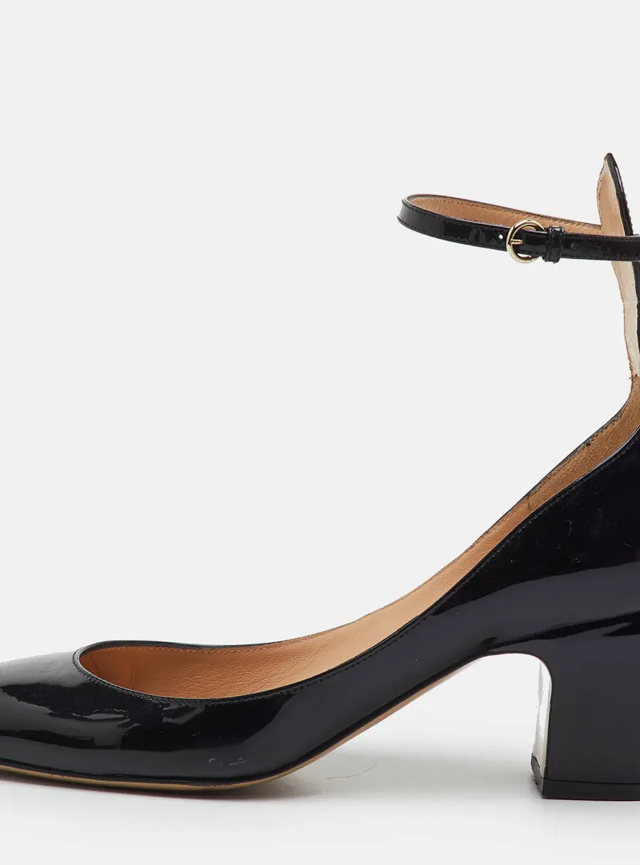 Valentino Tan-Go Size 37 Black Patent Leather Ankle Strap Pumps