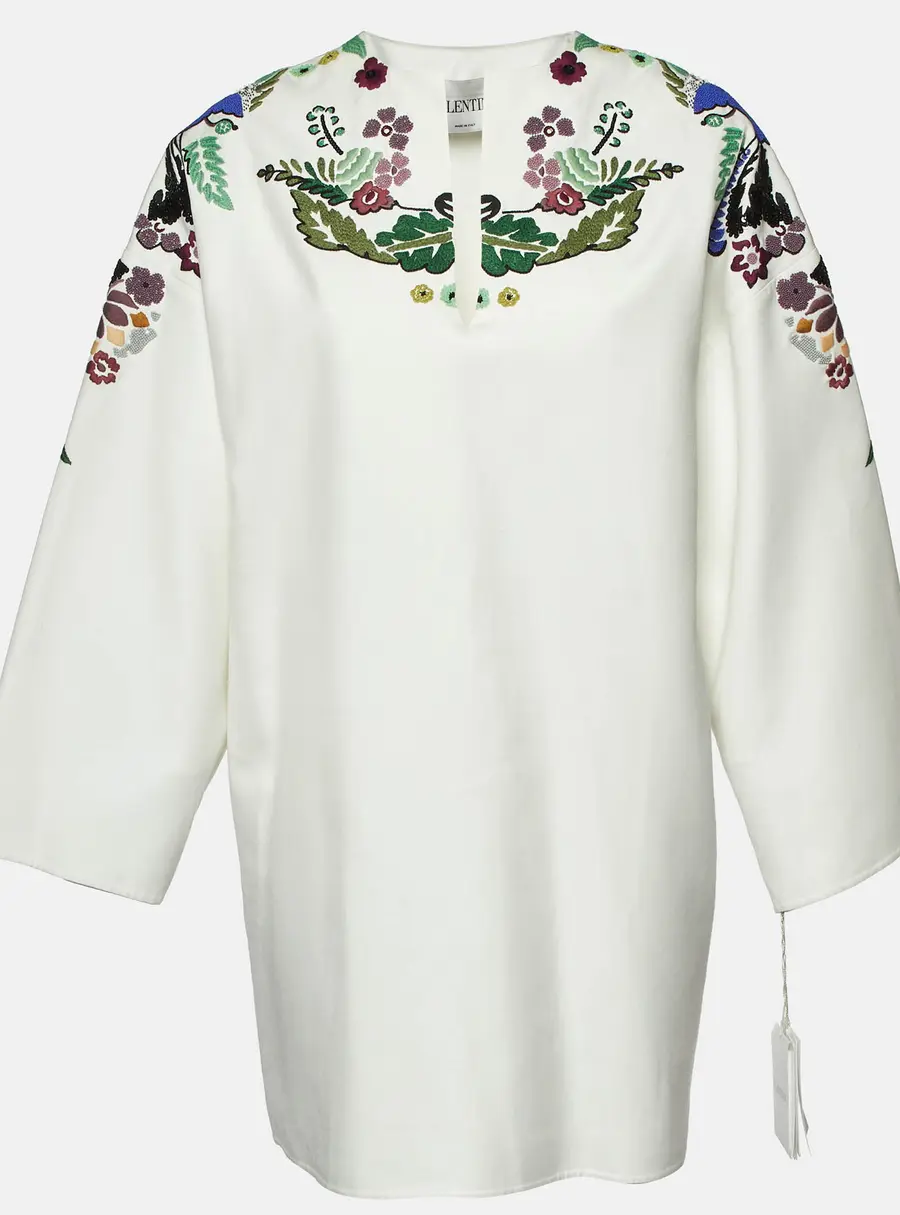 Valentino White World Arazzo Embroidered Cotton Kaftan Dress S