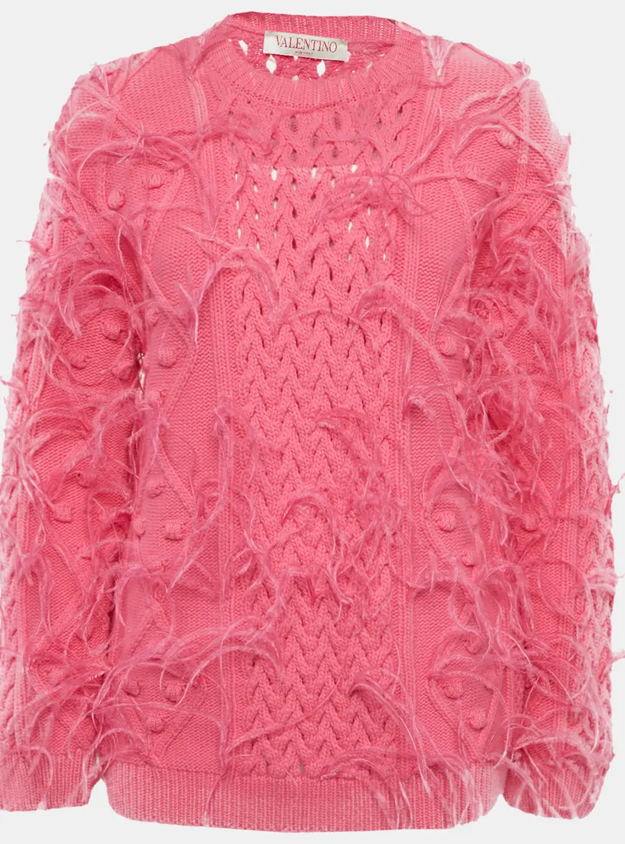 Valentino Pink Open Knit Wool Feather Trim Sweater M