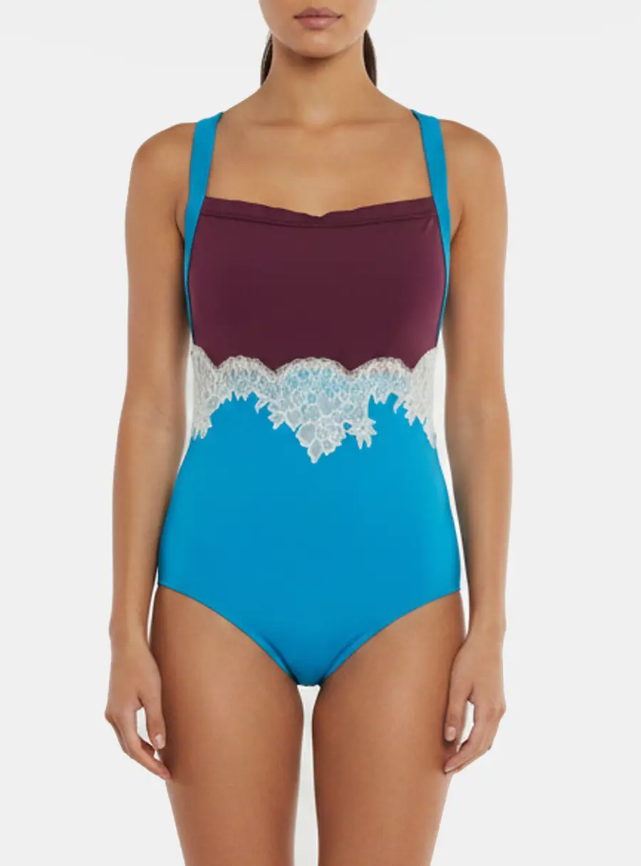 Valentino Blue Technical Jersey and Lace Trim Colorblock Swimsuit L