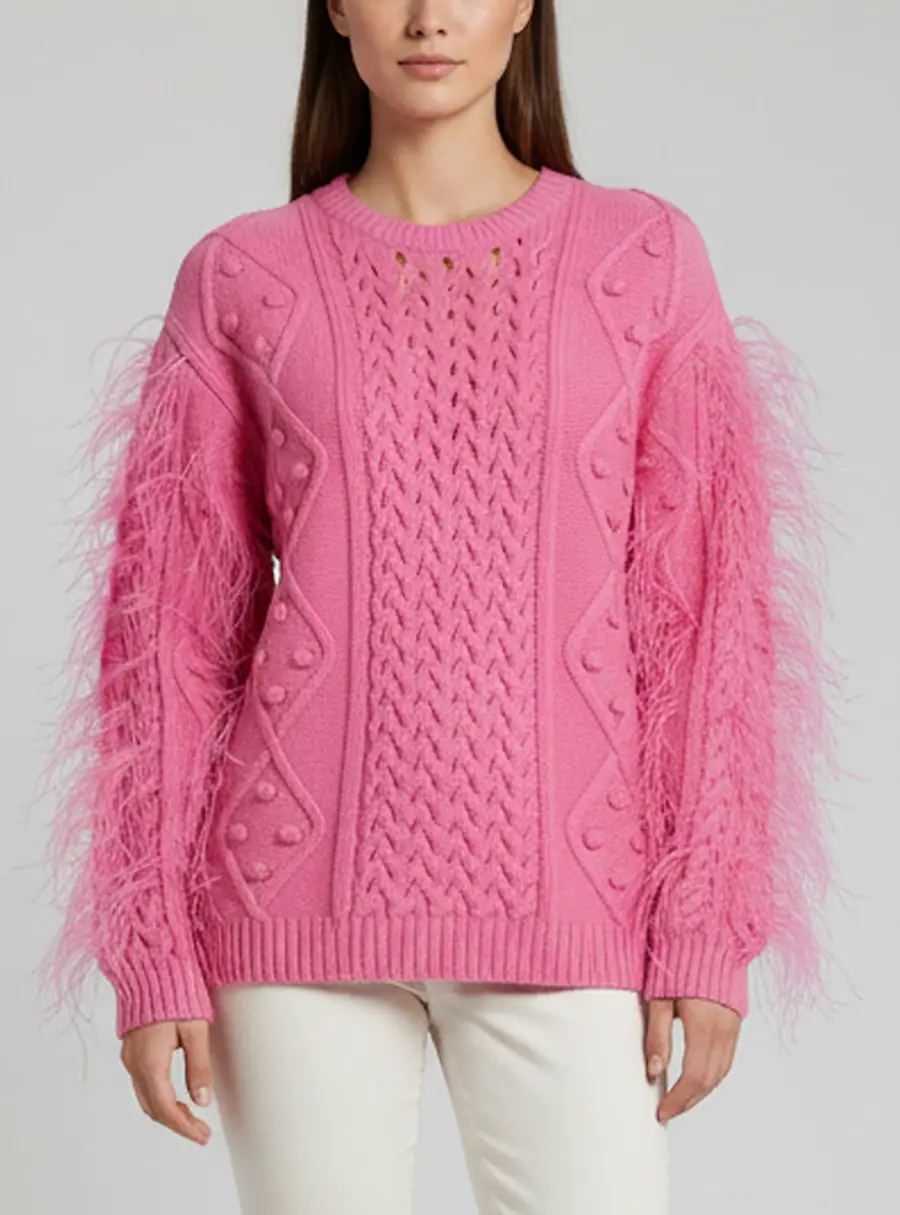 Valentino Pink Knit Feather Detail Long Sleeve Sweater S