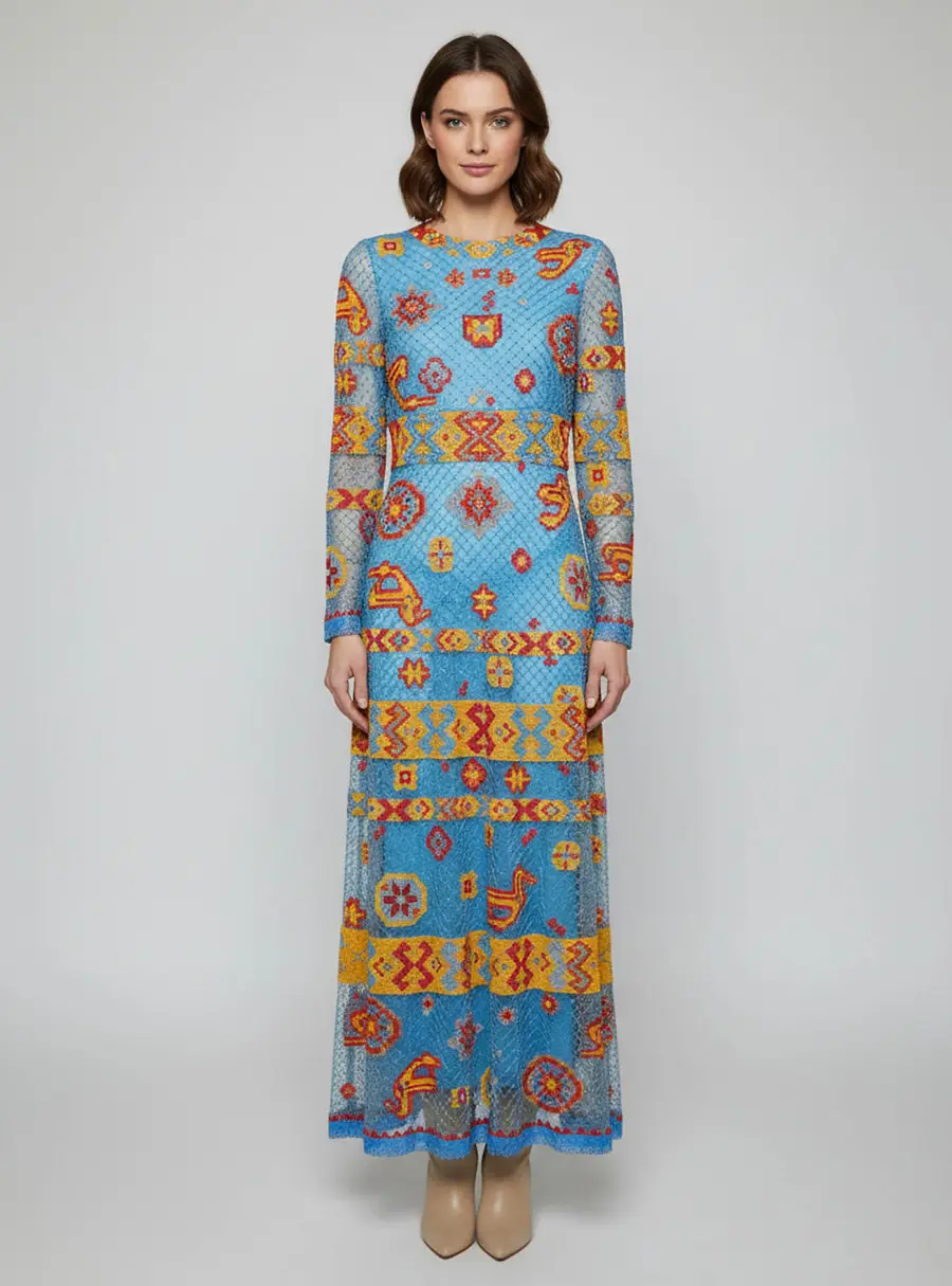 Valentino Blue Multicolored Bead Embellished Tribal Aztec Gown L