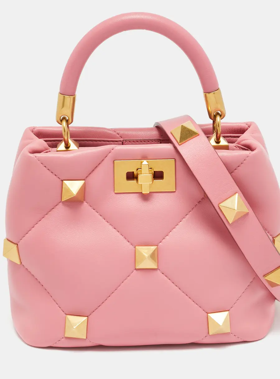 Valentino Roman Stud  Small Pink Quilted Leather Top Handle Bag
