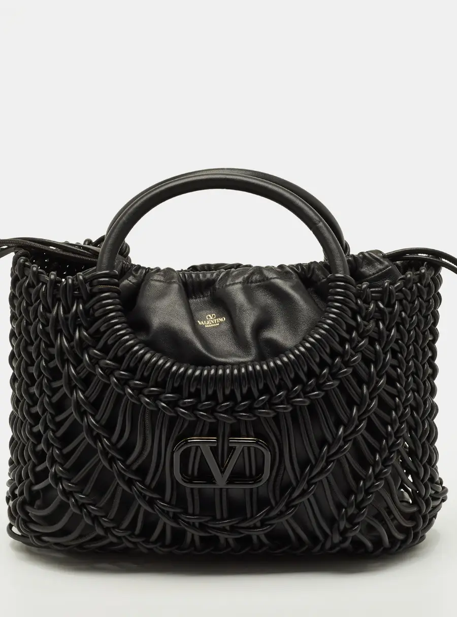 Valentino Allknots VLogo Black Woven Leather Tote