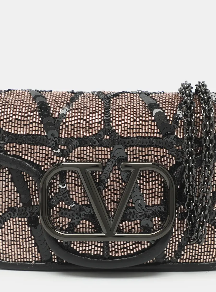 Valentino Loco Micro Black Beads and Leather and Sequins Crossbody Bag