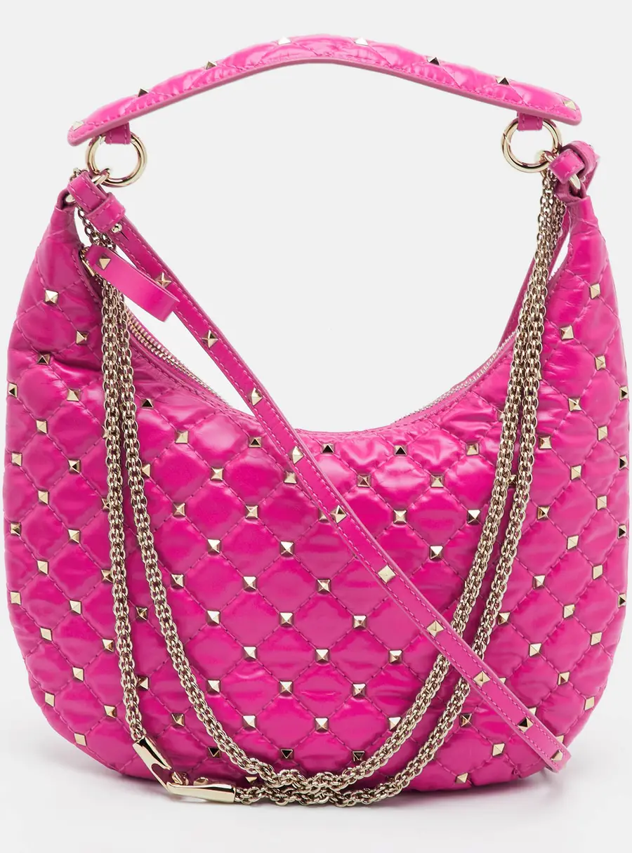 Valentino Rockstud Spike Small Fuchsia Pink Leather Hobo