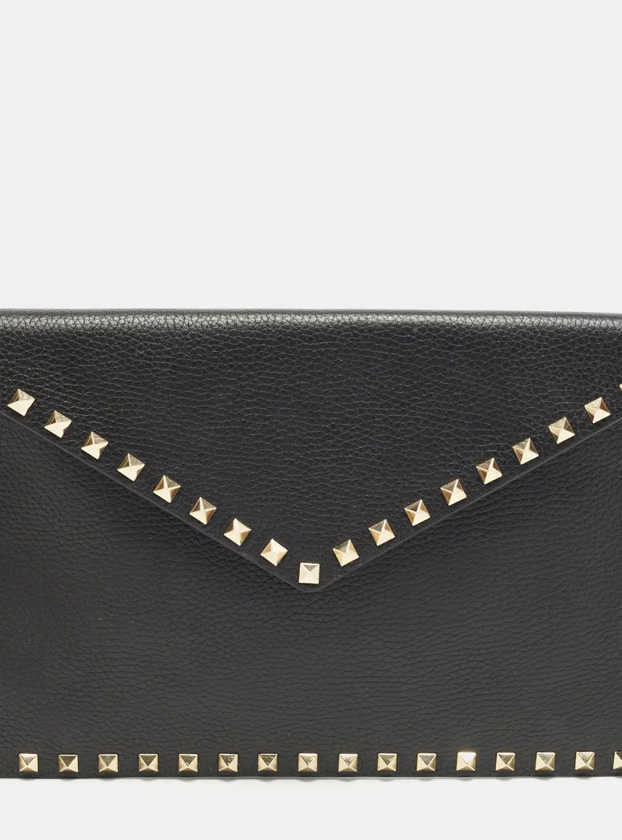 Valentino Rockstud Envelope Black Leather Clutch