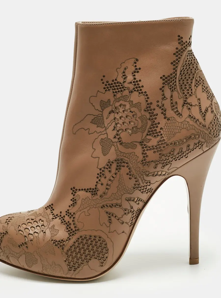 Valentino Beige Laser Cut Leather Platform Ankle Booties Size 39.5