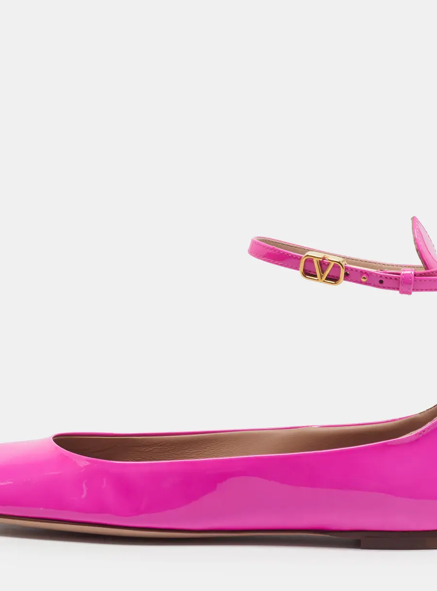 Valentino Tan-Go Size 38 Neon Pink Patent Leather Ankle Strap Ballet Flats