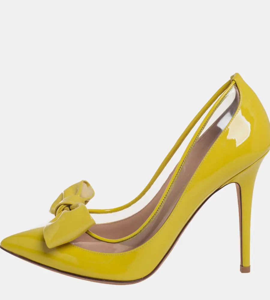 Valentino Yellow Patent Leather And PVC Bow Pointed Toe Pumps Size 39