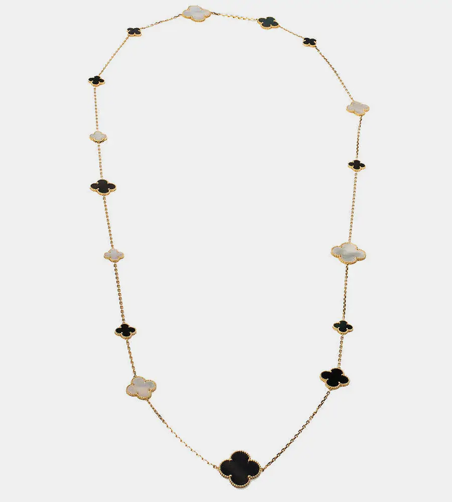 Van Cleef & Arpels Magic Alhambra Mother of Pearl 18k Yellow Gold 16 Motif Station Onyx Necklace