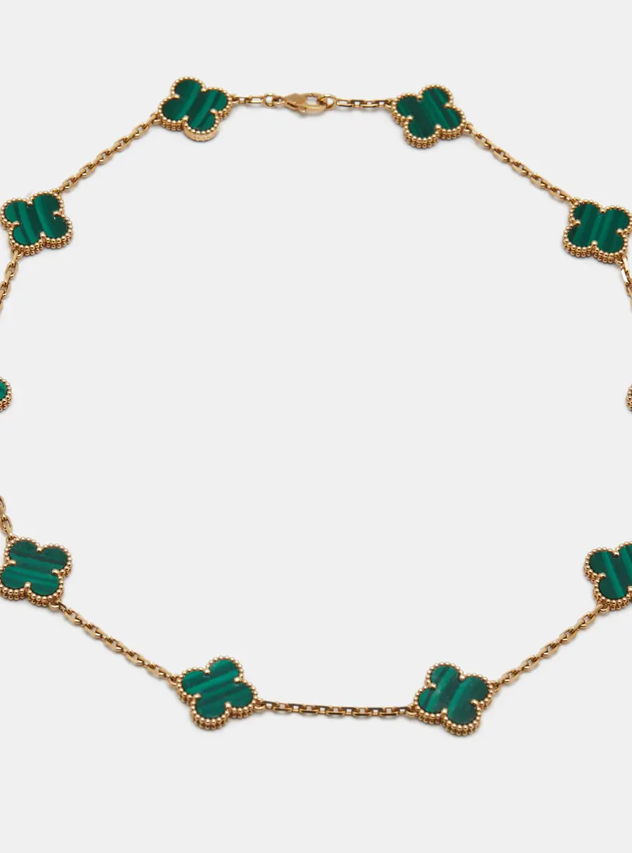 Van Cleef & Arpels Vintage Alhambra Malachite 18k Yellow Gold 10 Motif Necklace