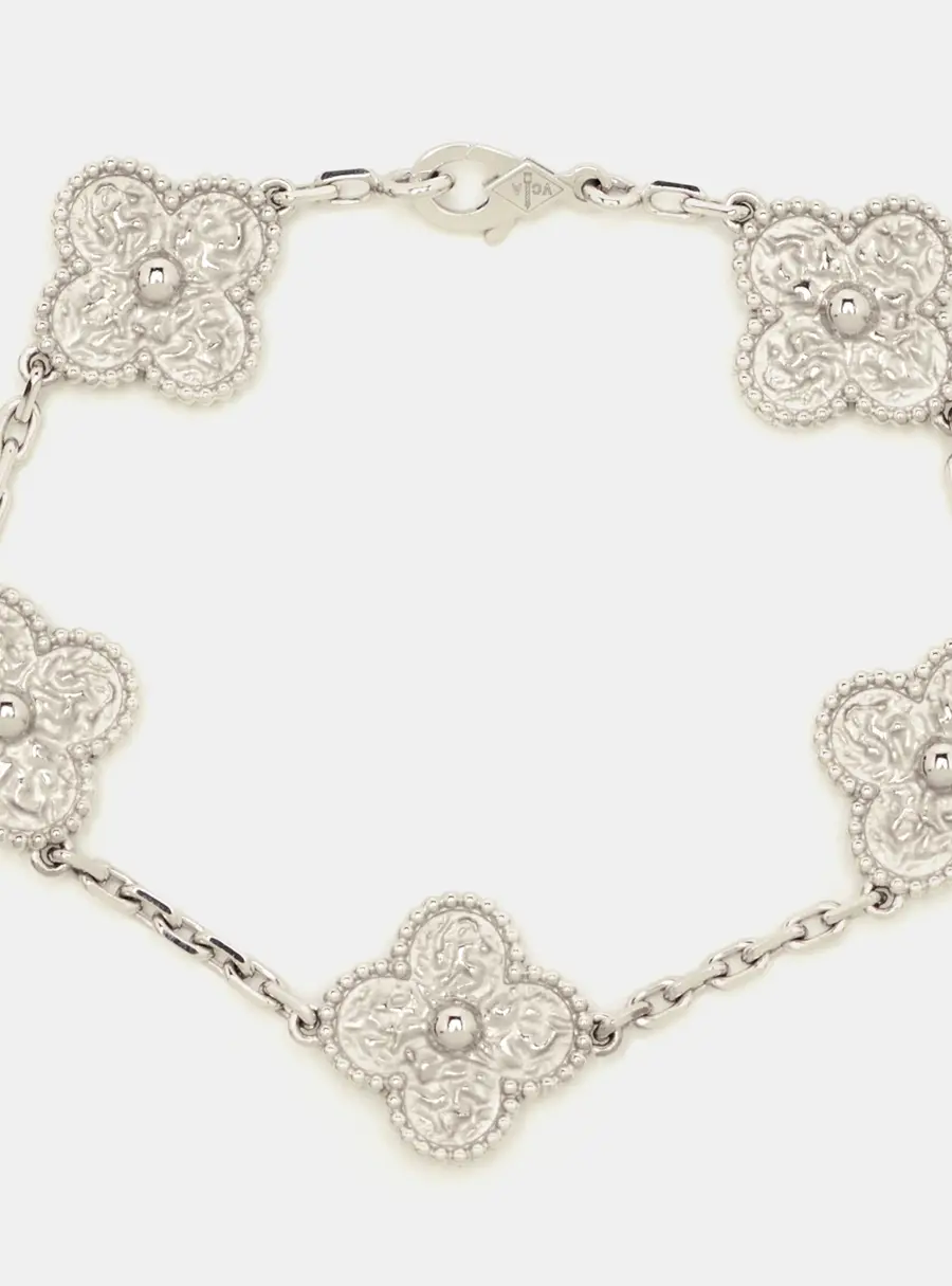 Van Cleef & Arpels Vintage Alhambra Hammered Special 18K White Gold 5 Motif Station Bracelet