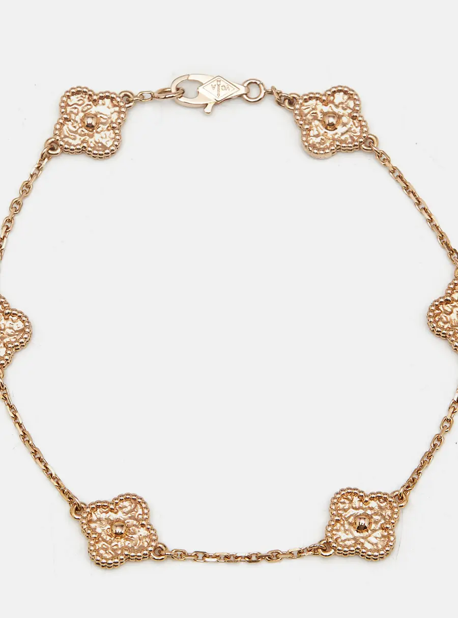 Van Cleef & Arpels Sweet Alhambra Hammered 18k Rose Gold 6 Motif Station Bracelet