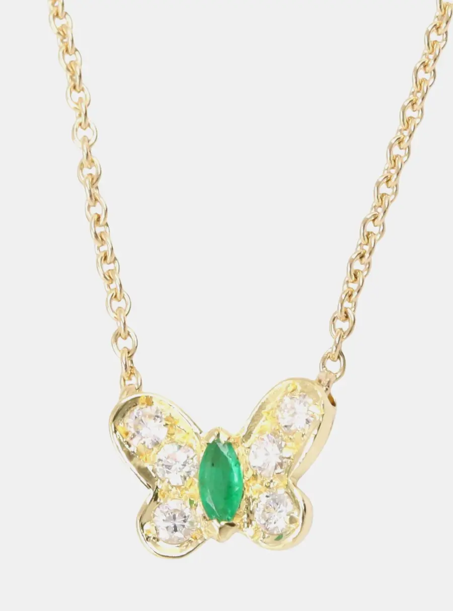 Van Cleef & Arpels Vintage Butterfly 0.10 Carat Marquise & Mixed Cut Emerald 18K Yellow Gold Pendant Necklace