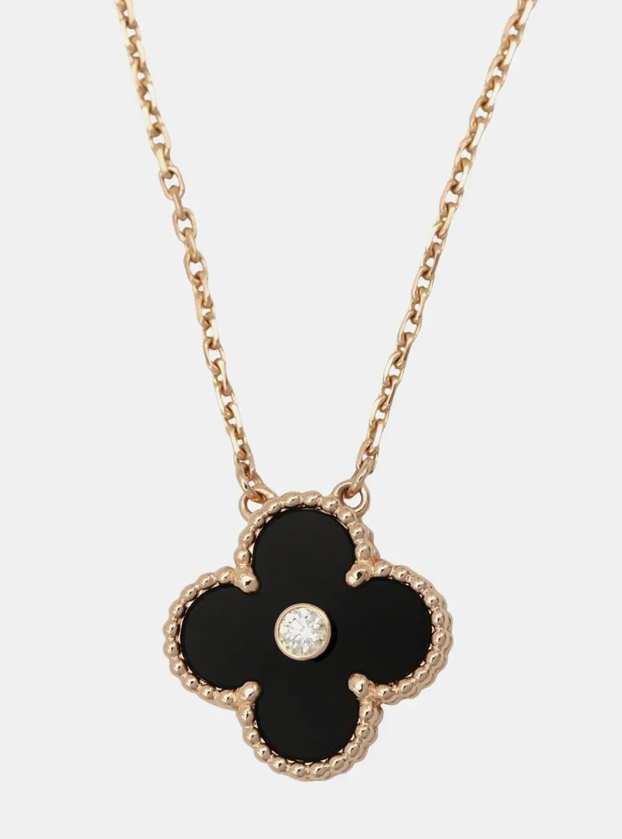 Van Cleef Arpels Vintage Alhambra 18k Rose Gold Onyx Diamond Pendant Necklace