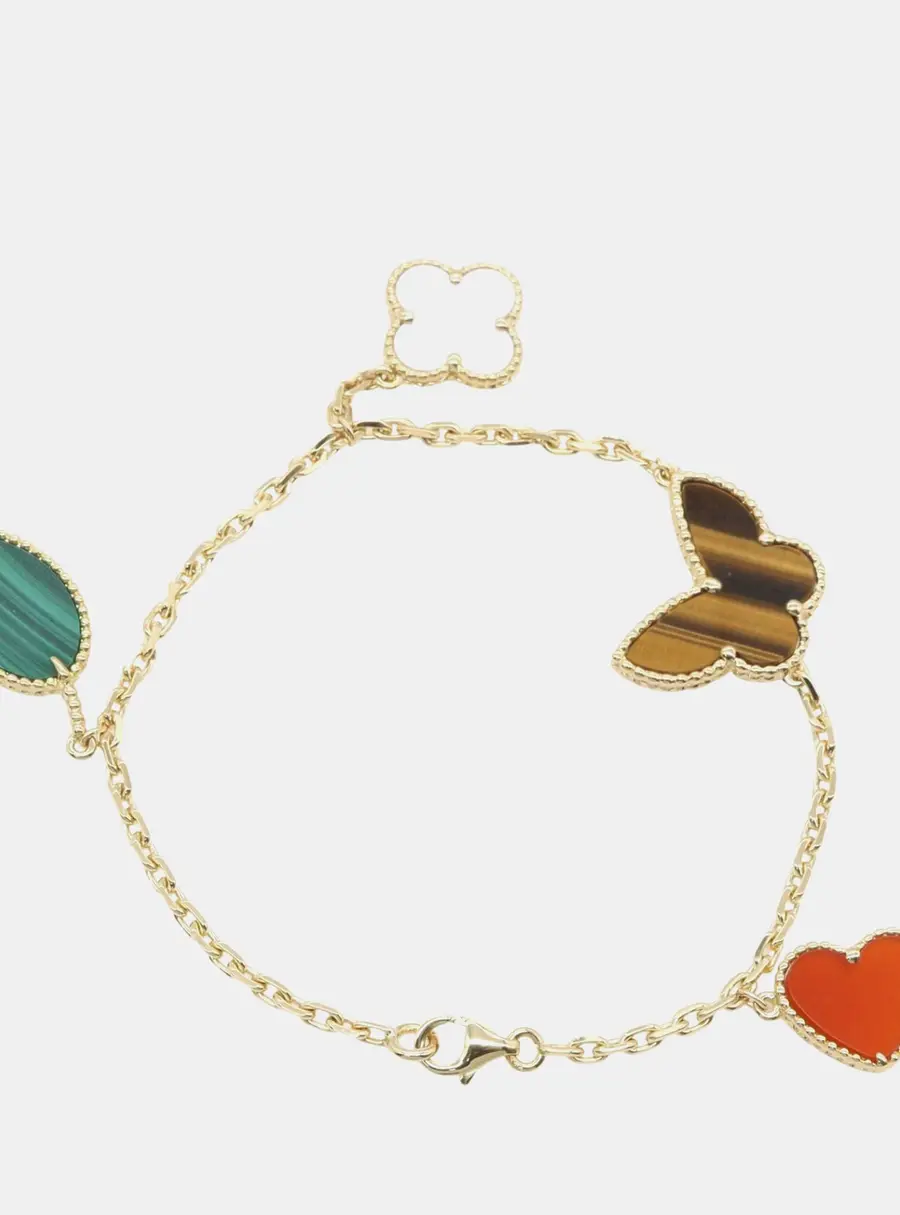 Van Cleef & Arpels Lucky Alhambra 18K Yellow Gold, Mother of Pearl, Malachite, Tiger Eye, Carnelian Bracelet