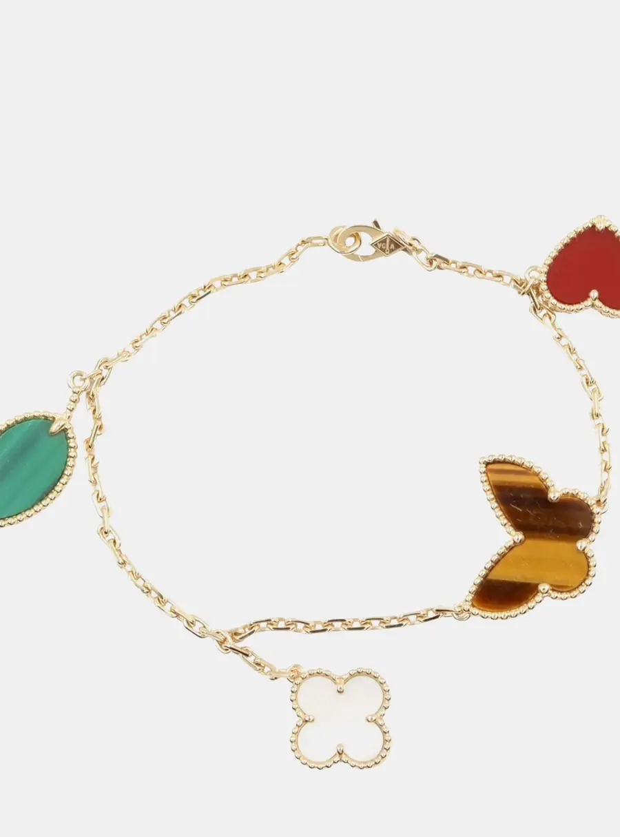 Van Cleef & Arpels Lucky Alhambra 18k Yellow Gold, Mother of Pearl, Malachite, Tiger Eye, Carnelian Bracelet