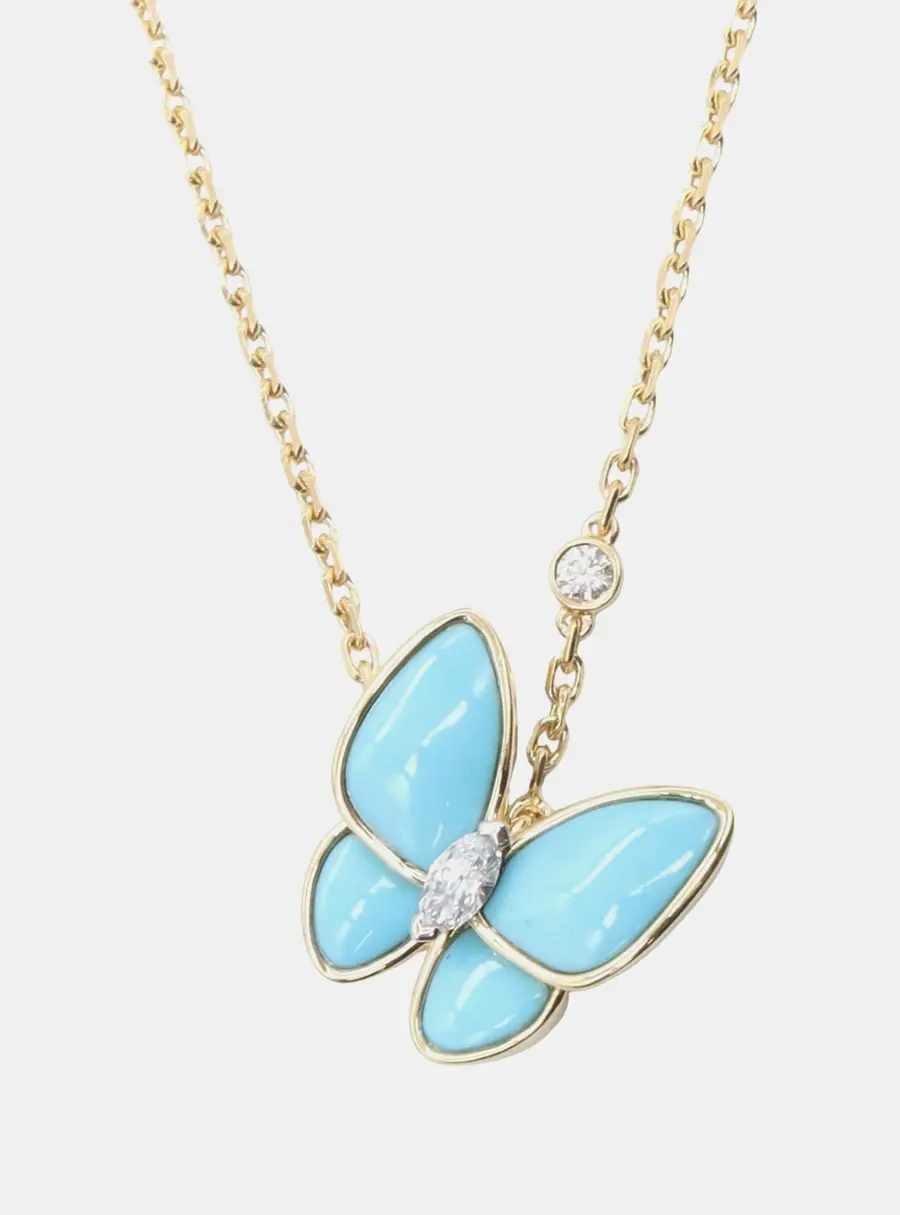 Van Cleef & Arpels Two Butterfly 18K Yellow Gold Turquoise Stone Diamond Necklace