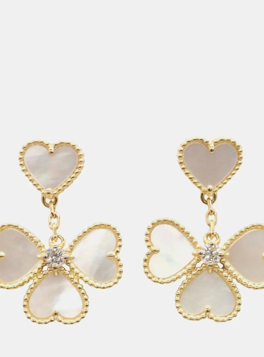 Van Cleef & Arpels Sweet Alhambra Effeuillage 18k Yellow Gold Diamond Mother of Pearl Drop Earrings