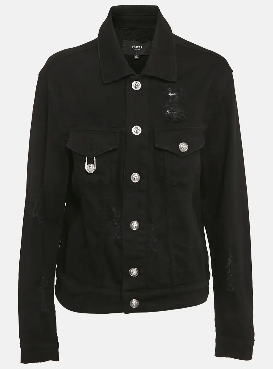 Versus Versace Black Distressed Denim Button Detail Jacket L