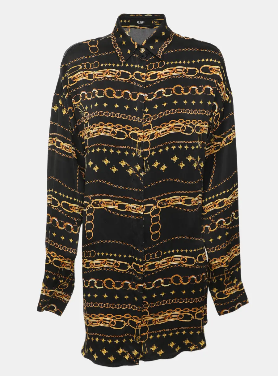 Versus Versace Black Chain Link Printed Silk Satin Long Sleeve Shirt