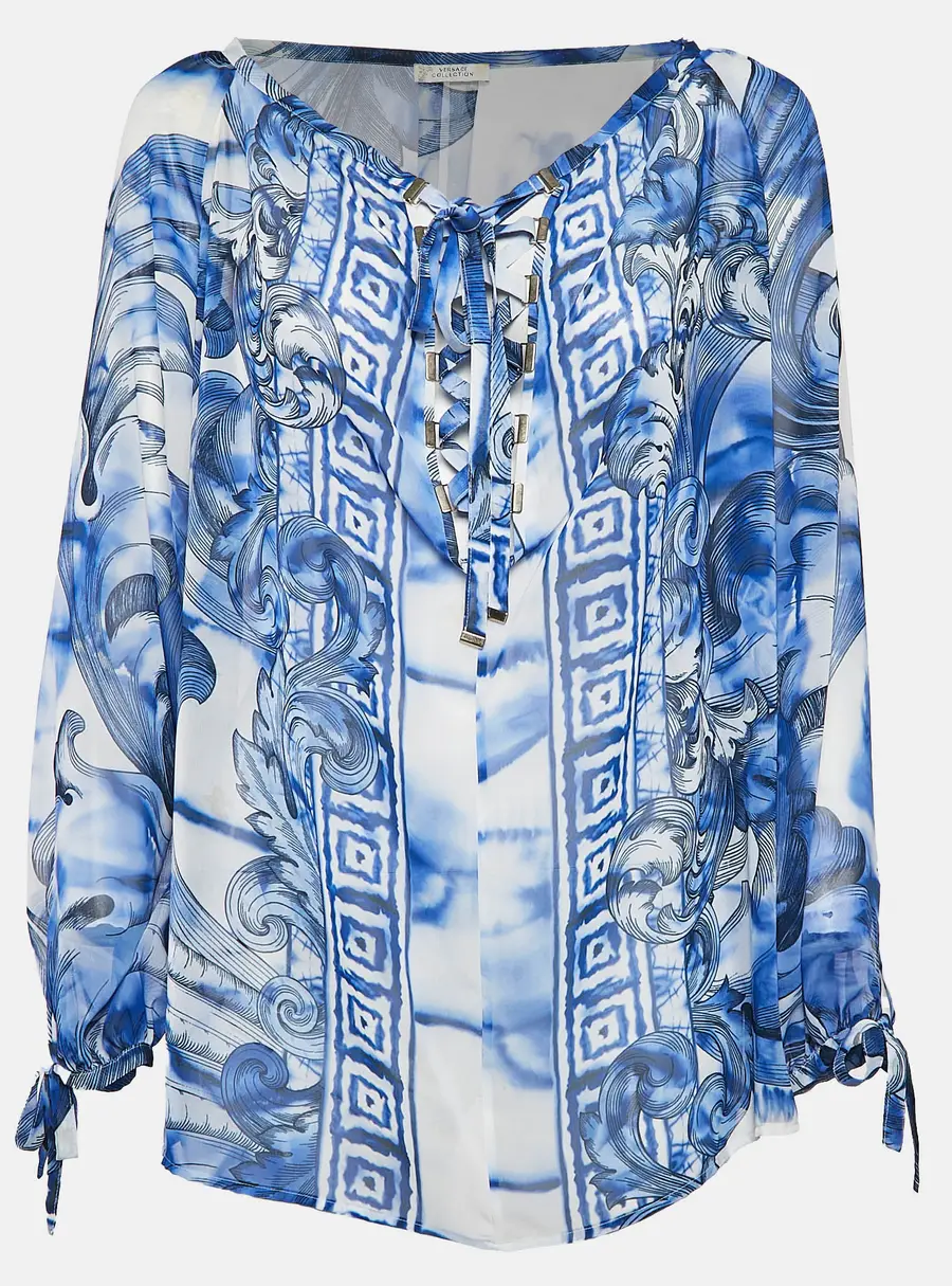 Versace Collection White/Blue Printed Chiffon Lace-Up Top M