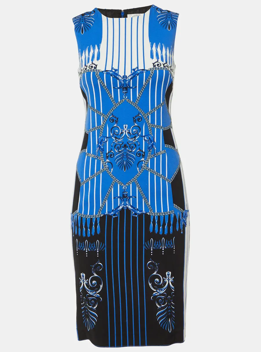 Versace Collection Blue Chain Print Crepe Sleeveless Dress S