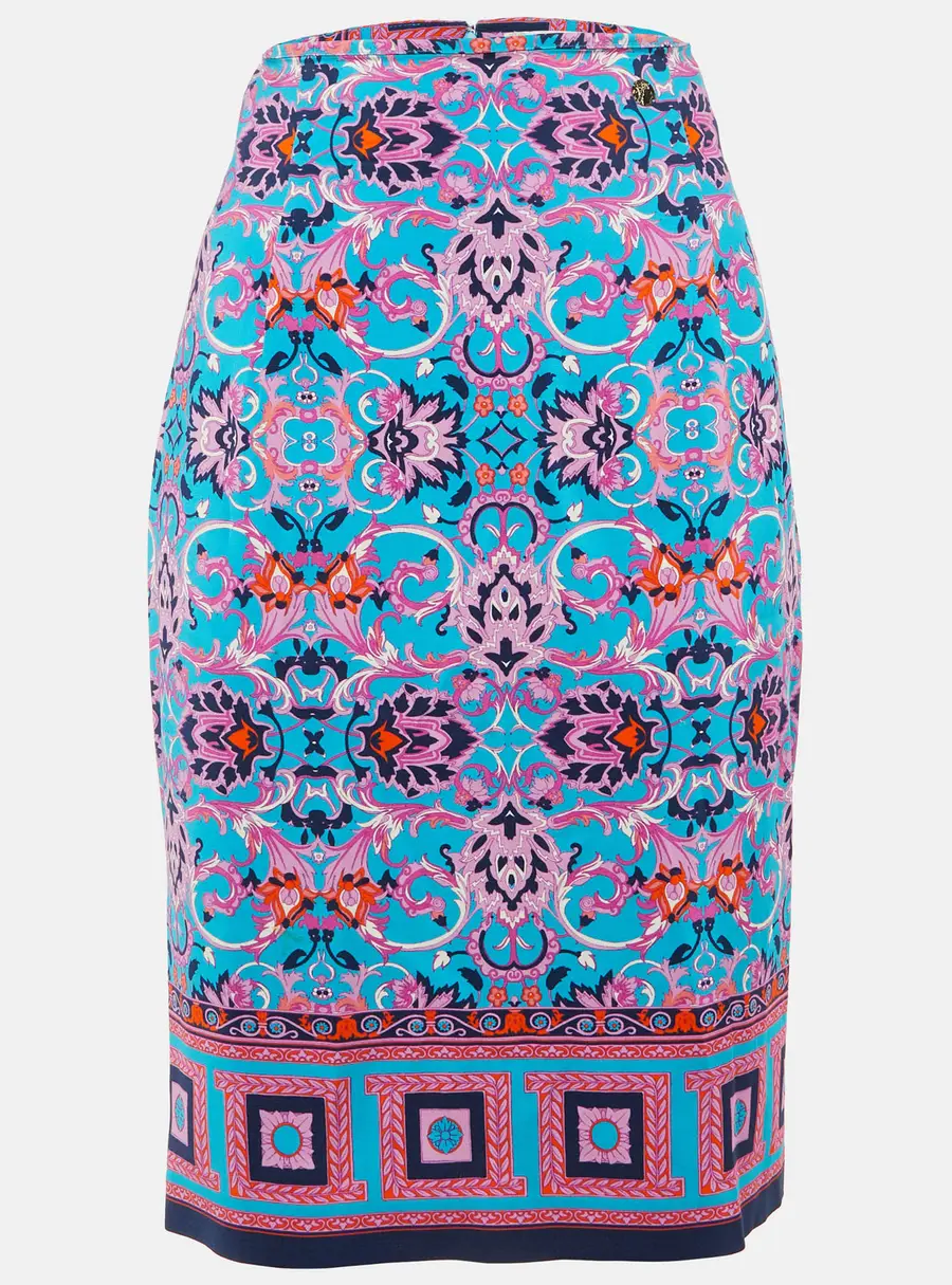 Versace Collection Blue Printed Crepe Midi Skirt M