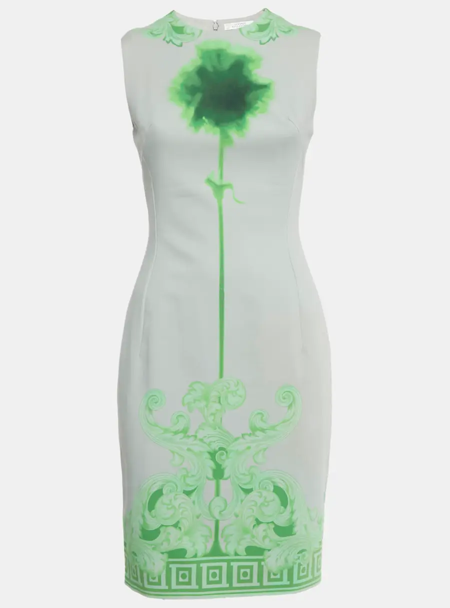 Versace Collection Grey /Green Printed Cotton & Crepe Sheath Dress M