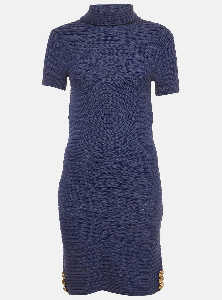 Versace Collection Navy Blue Wool Knitted Turtleneck Mini Dress S