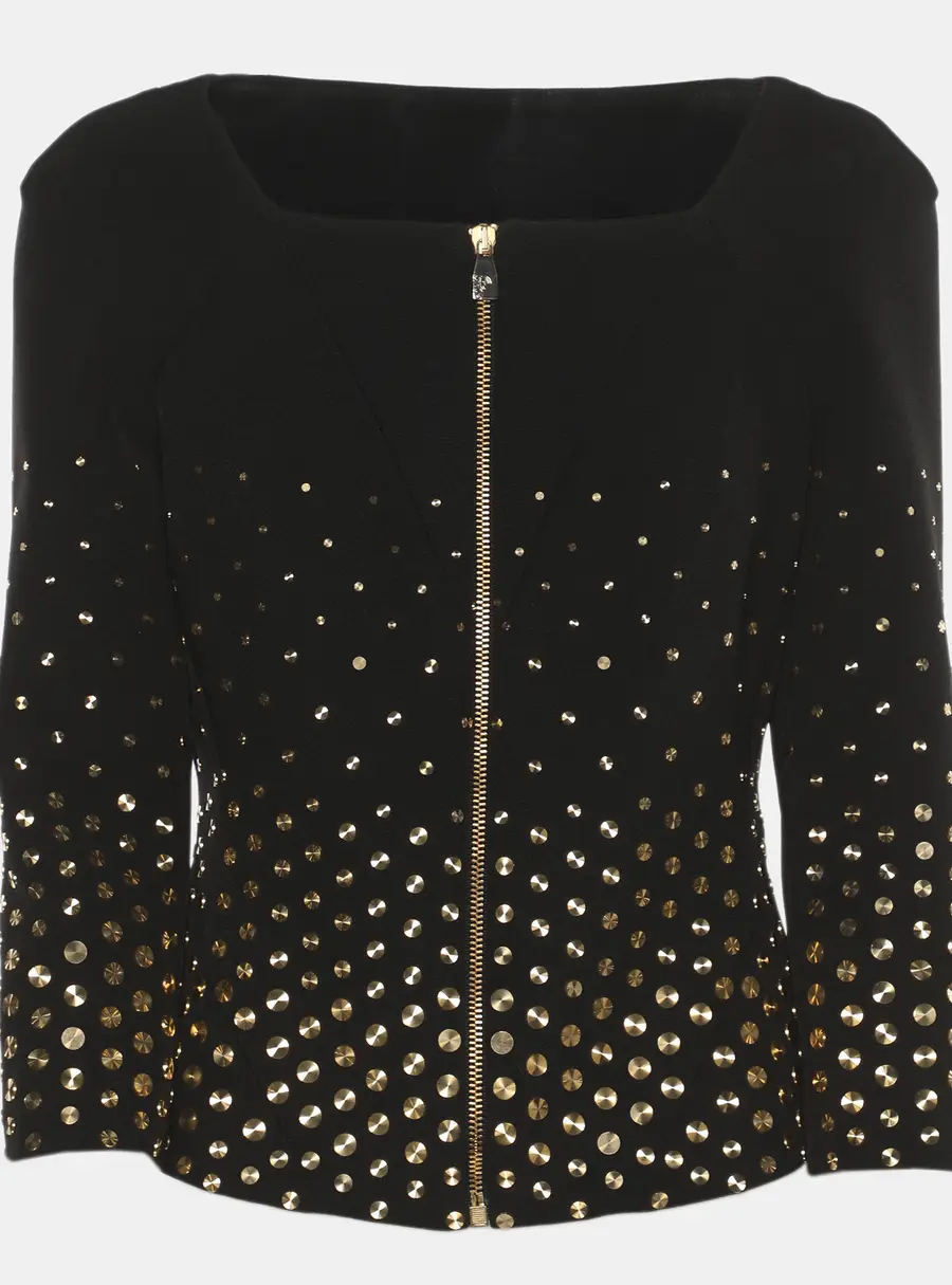 Versace Collection Black Stretch Crepe Gold Metal Applique Cropped Cardigan M