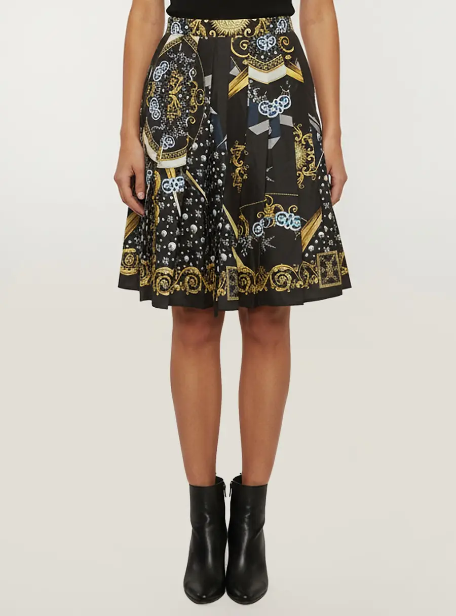 Versace Collection Black Baroque Print Satin Pleated Mini Skirt M
