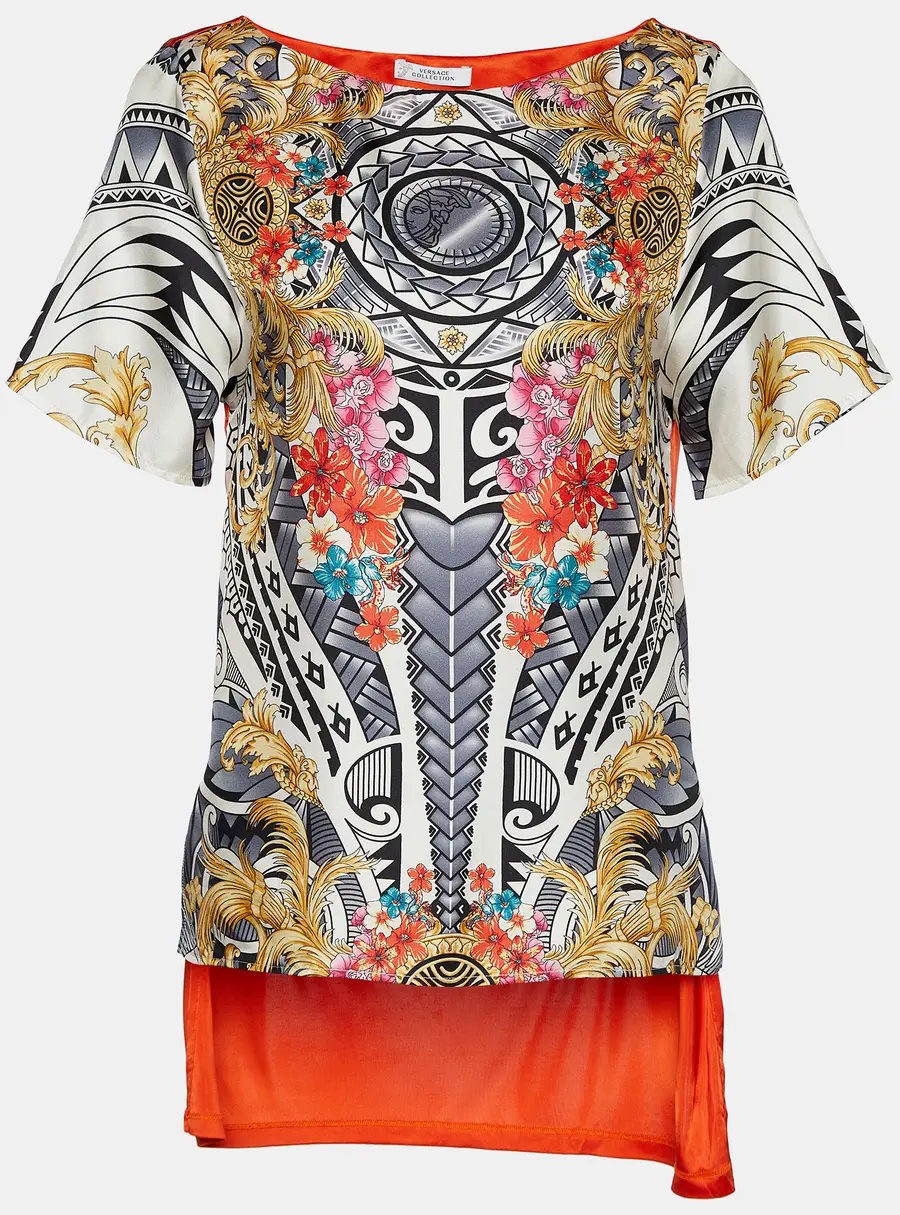 Versace Collection Multicolor Printed Silk & Jersey Hi-Low Hem Top S