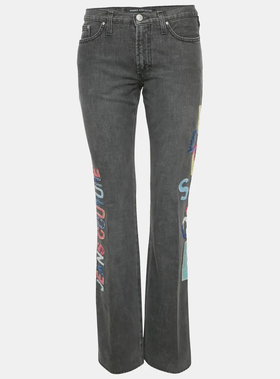 Versace Jeans Couture Grey Logo Embroidered Cotton Wide Leg Jeans M Waist 30"