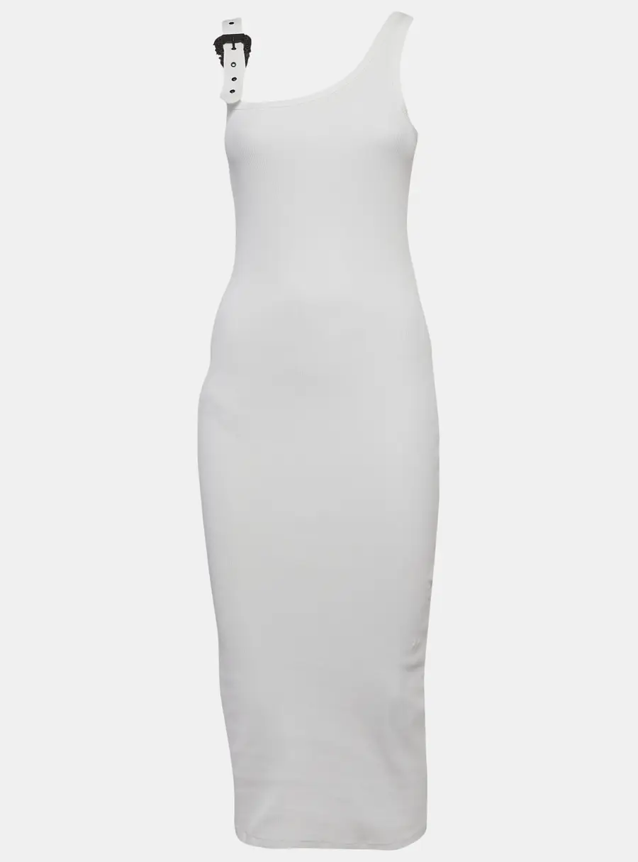 Versace Jeans Couture White Rib Knit Buckle Strap Midi Dress S