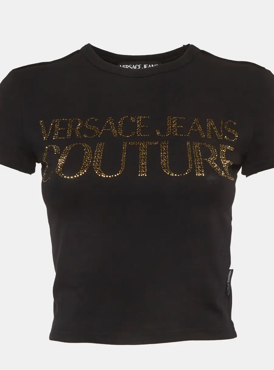 Versace Jeans Couture Black Logo Embellished Cotton Crop Top S