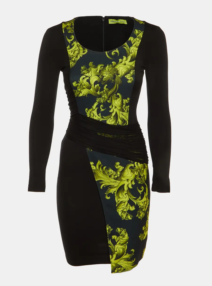 Versace Jeans Black Baroque Print Cady Ruched Bodycon Dress S